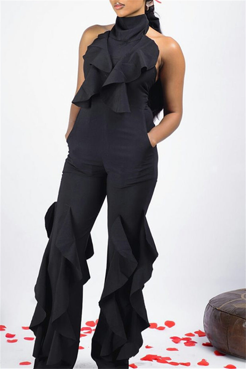 Sexy Casual Solid Split Joint Backless Turtleneck Regular Jumpsuits