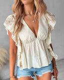 Abstract Floral Embroidery Ruffle Hem Top