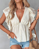 Abstract Floral Embroidery Ruffle Hem Top