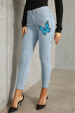 Fashion Casual Butterfly Print Basic Mid Waist Skinny Denim Jeans