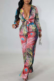 Sexy Print Bandage Patchwork V Neck Long Sleeve Two Pieces