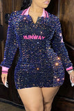 Fashion Sexy Patchwork Embroidered Sequins Turndown Collar Long Sleeve Plus Size Dresses