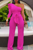 Casual Solid Bandage Split Joint Fold Oblique Collar Straight Jumpsuits