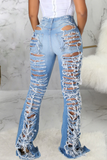 Sexy Solid Ripped Mid Waist Boot Cut Denim Jeans