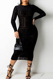 Sexy Print Hollowed Out Split Joint See-through Mesh O Neck Pencil Skirt Dresses