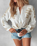 Leaf Embroidery Buttoned Knotted Top