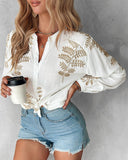Leaf Embroidery Buttoned Knotted Top