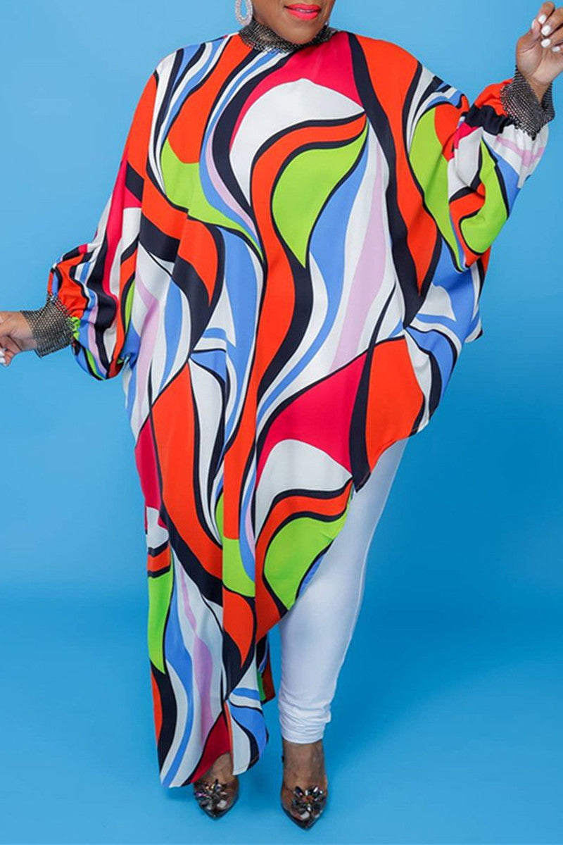 Fashion Casual Print Asymmetrical Turtleneck Long Sleeve Plus Size Dresses