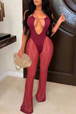 Sexy Patchwork Bandage Hollowed Out See-through Backless Spaghetti Strap Skinny Jumpsuits