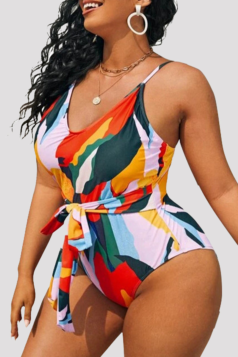 Fashion Sexy Print Backless Spaghetti Strap Plus Size Swimwear