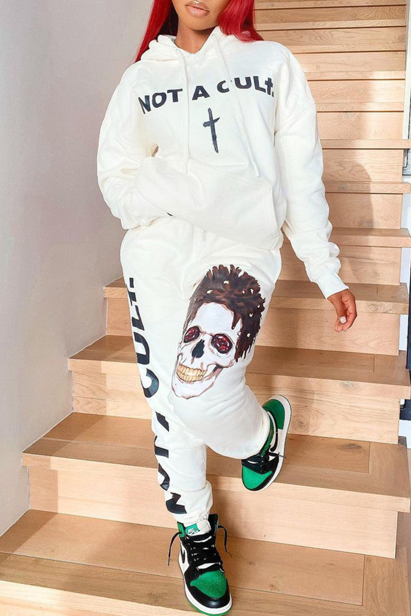 Fashion Casual Skull Head Print Basic Hooded Collar Long Sleeve Two Pieces