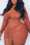 Fashion Sexy Plus Size Solid Hollowed Out V Neck Long Sleeve Dresses