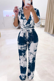 Casual Patchwork Tie-dye V Neck Straight Jumpsuits