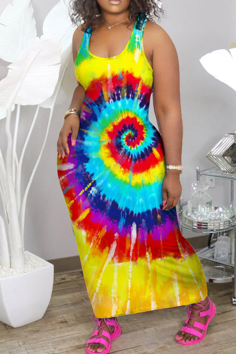 Fashion Casual Tie Dye Printing U Neck Vest Dress
