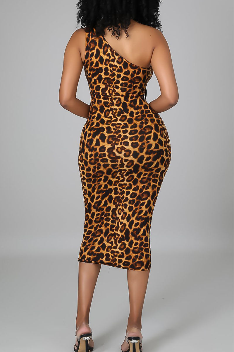Sexy Print Bandage Hollowed Out Split Joint Oblique Collar Pencil Skirt Dresses