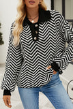 Casual Geometric Buttons Weave Turndown Collar Tops