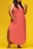 Casual Striped Split Joint O Neck Straight Plus Size Dresses