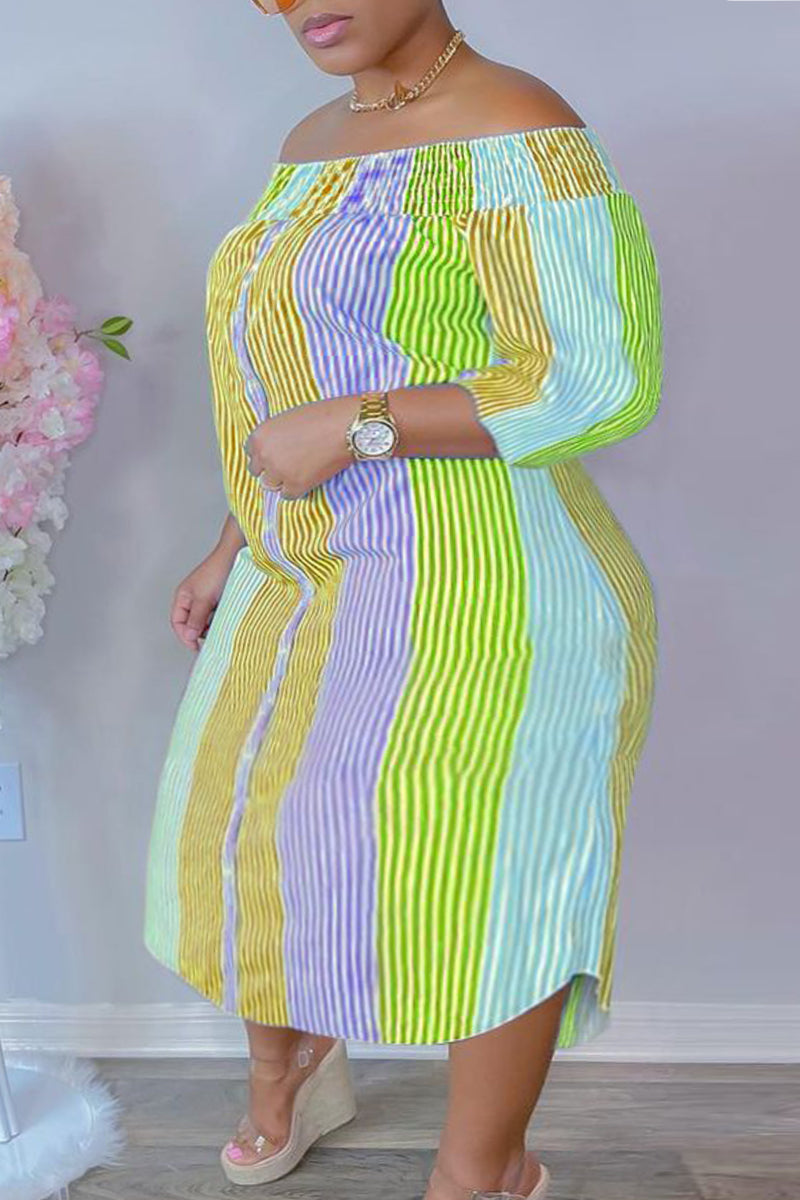 Fashion Casual Plus Size Striped Print Backless Off the Shoulder Long Dress