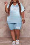 Fashion Casual Letter Striped Print Basic V Neck Plus Size Two Pieces