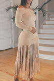 Sexy Casual Solid Tassel Off the Shoulder Long Sleeve Dresses