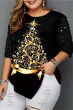 Casual Print Sequins Patchwork O Neck Plus Size Tops