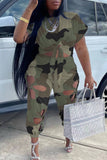 Casual Camouflage Print Hollowed Out O Neck Plus Size Two Pieces