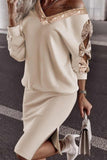 Casual Patchwork Bandage Sequins Slit V Neck Long Sleeve Two Pieces