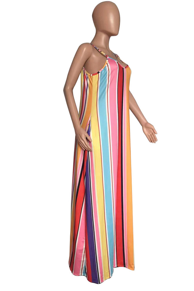 Sexy Casual Striped Print Backless Spaghetti Strap Long Dress Dresses