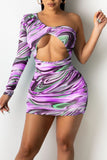 Sexy Print Hollowed Out Split Joint Oblique Collar Pencil Skirt Dresses