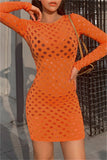 Fashion Sexy Solid Hollowed Out See-through O Neck Long Sleeve Dresses