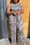 Casual Camouflage Print Split Joint U Neck Straight Jumpsuits