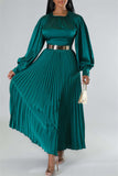 Casual Solid Patchwork O Neck Long Sleeves Pleated Dresses (Without Belt)