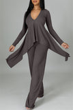 Casual Solid Split Joint Asymmetrical V Neck Long Sleeve Two Pieces