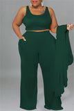 Casual Solid Cardigan Vests Pants O Neck Plus Size Two Pieces