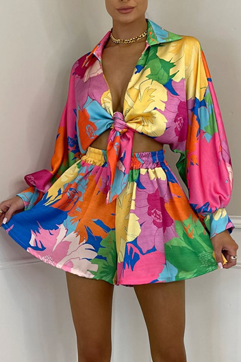 Fashion Sexy Print Patchwork Turndown Collar Long Sleeve Two Pieces
