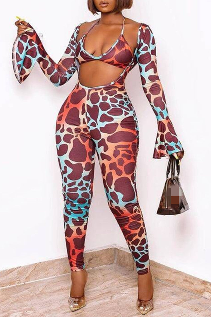 Fashion Sexy Print Hollowed Out V Neck Skinny Jumpsuits (With Bra)