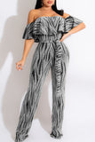 Casual Print Split Joint Flounce Off the Shoulder Straight Jumpsuits