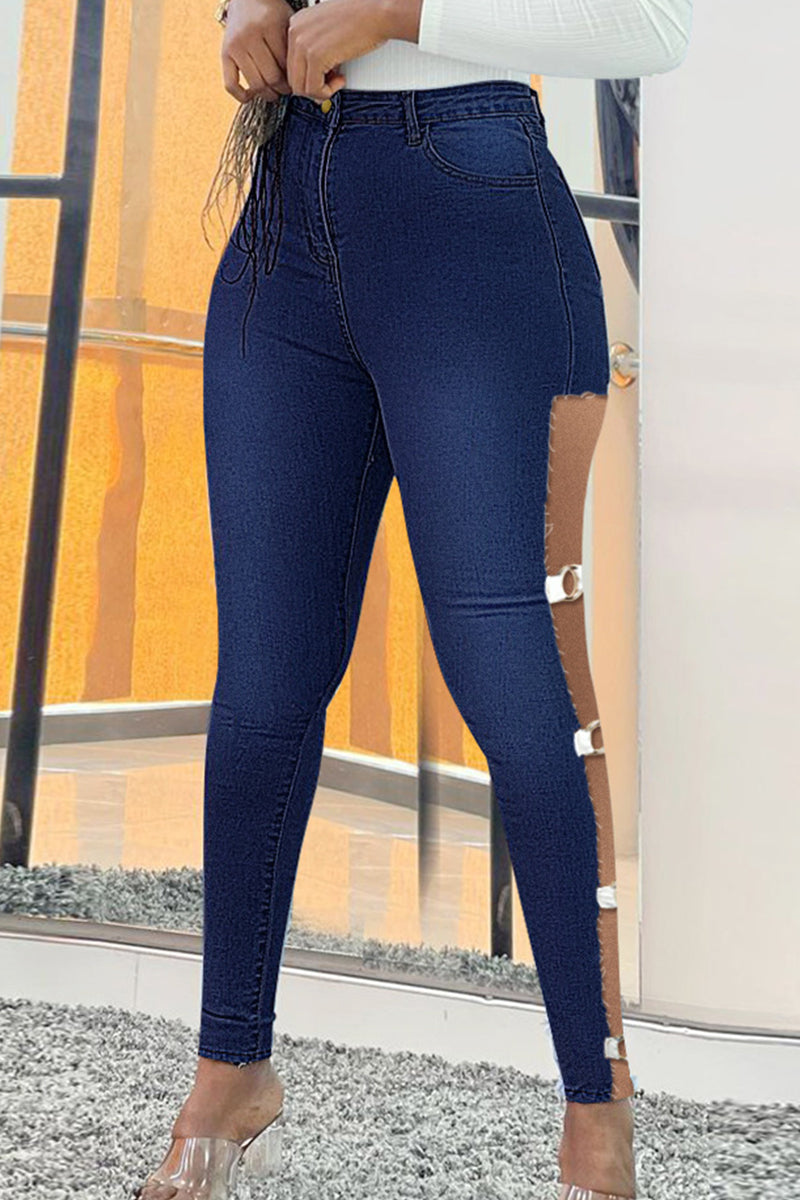 Fashion Casual Solid Hollowed Out High Waist Skinny Denim Jeans
