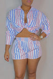 Casual Striped Print Split Joint Turndown Collar Long Sleeve Two Pieces