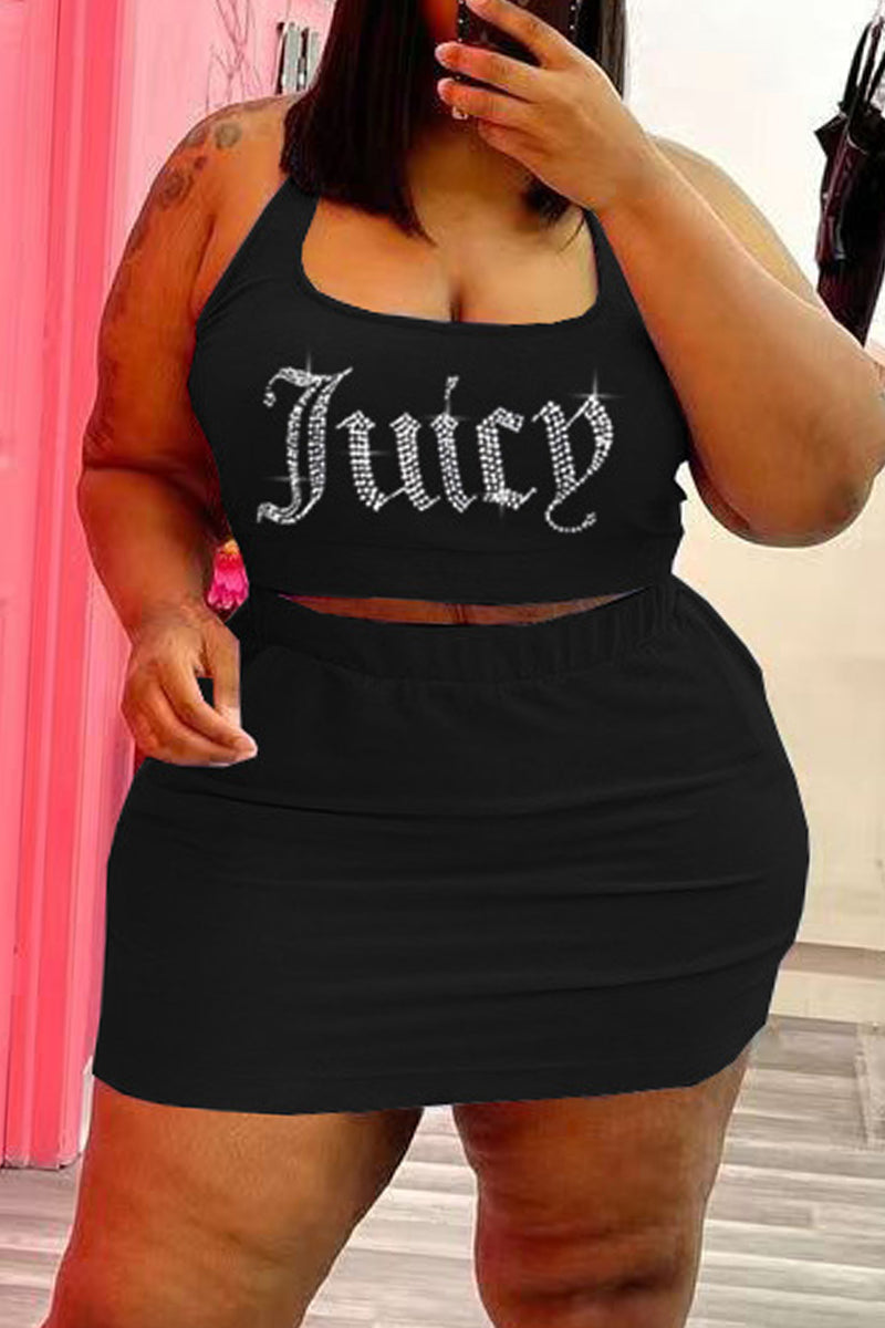 Sexy Casual Letter Hot Drilling Basic U Neck Plus Size Two Pieces