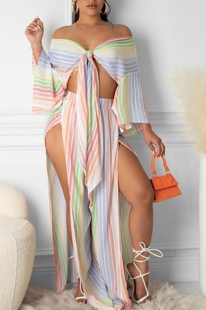 Sexy Striped High Opening Off the Shoulder Long Sleeve Two Pieces