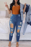 Fashion Casual Solid Ripped High Waist Skinny Denim Jeans