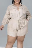 Casual Solid Split Joint Buckle Turndown Collar Plus Size Jumpsuits