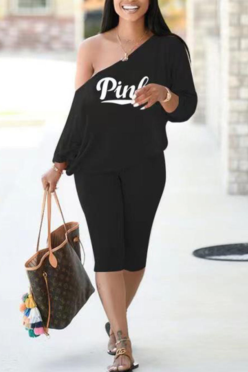 Casual Print Split Joint Off the Shoulder Long Sleeve Two Pieces