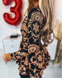 Baroque Print Notched Collar Tied Detail Mini Dress