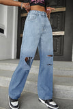 Casual Gradual Change Ripped High Waist Straight Denim Jeans (Without Belt)