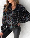 Colorful Allover Sequin Zipper Design Puffer Jacket