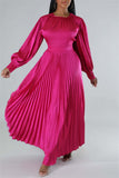 Casual Solid Patchwork O Neck Long Sleeves Pleated Dresses (Without Belt)