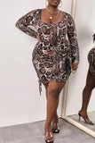 Fashion Sexy Leopard Hollowed Out U Neck One Step Skirt Plus Size Dresses