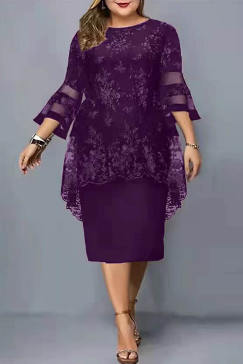 Casual Solid Embroidered Patchwork O Neck Plus Size Dresses
